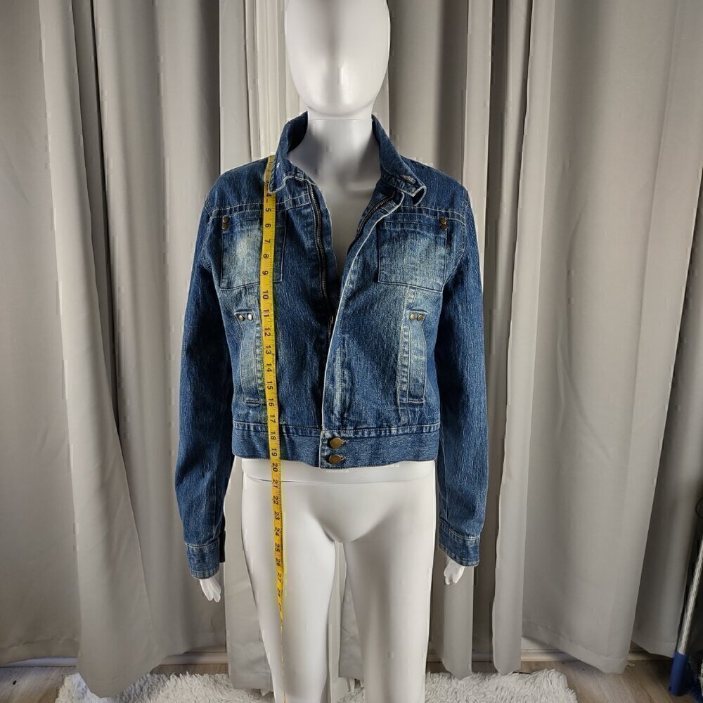 Miss Lili Womens Distressed Customized Cotton Blend Blue Denim Jean Jacket Sz L - Picture 5 of 12